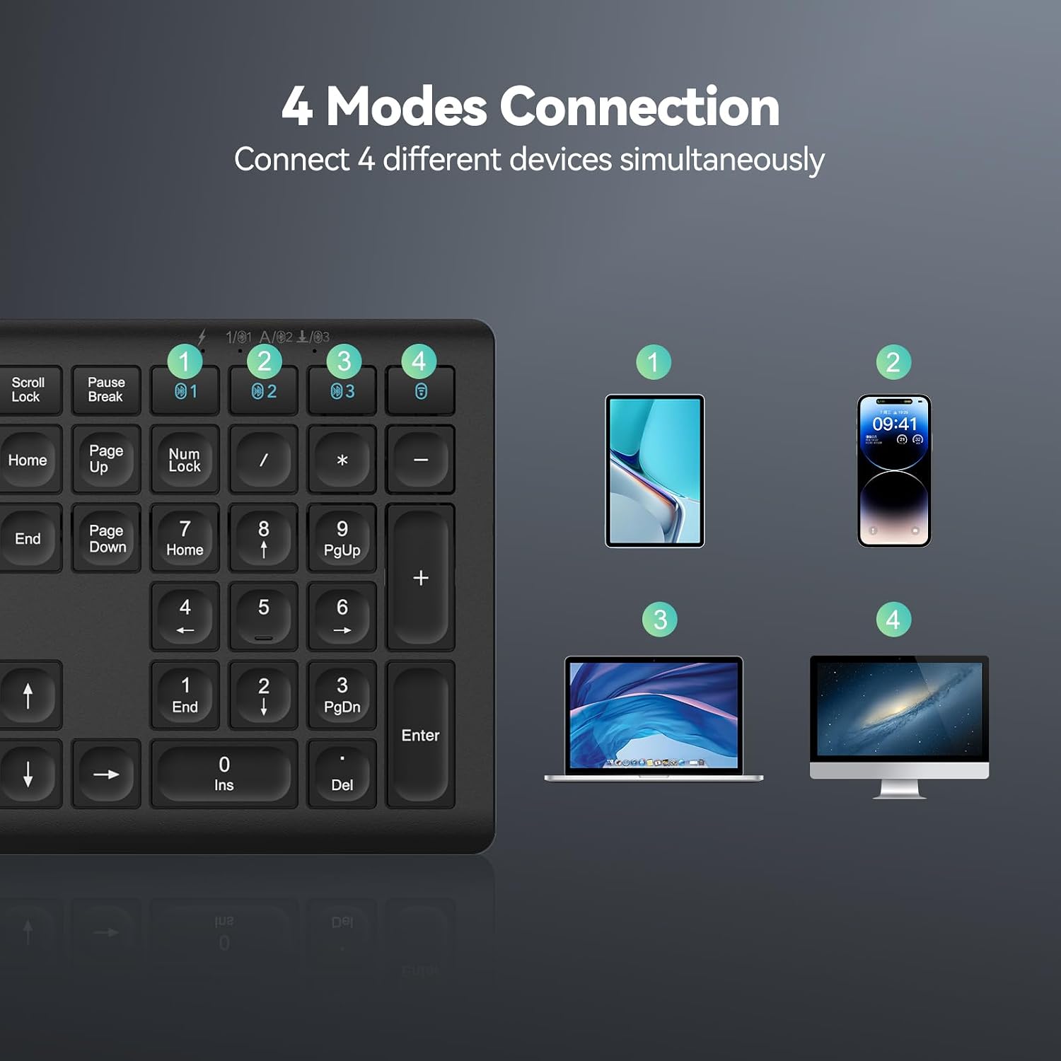 Thumbnail 1 de TECKNET Wireless Keyboard (UK Layout) — 4 devices, 4 modes, rechargeable 2.4GHz USB/Bluetooth