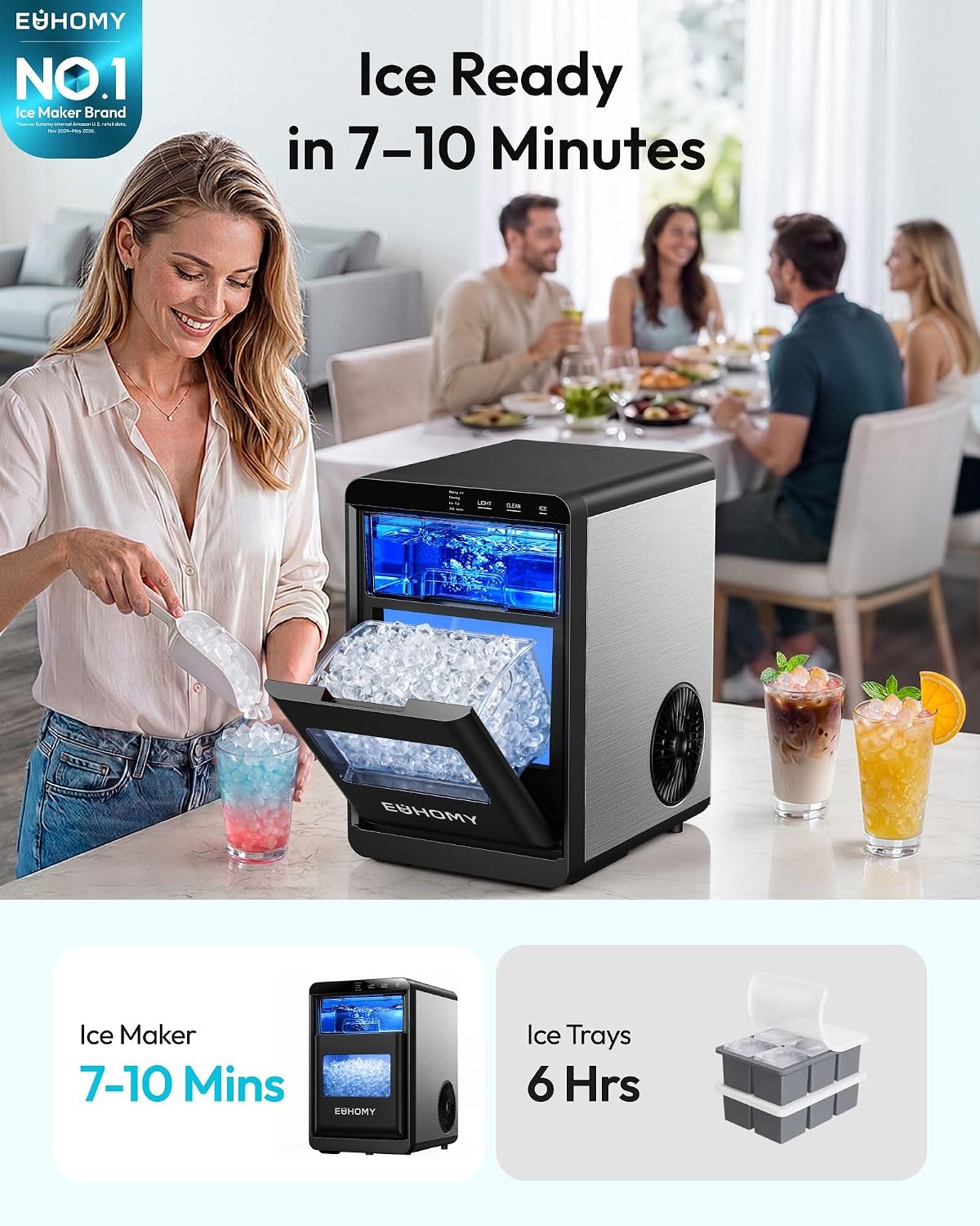 Detalle 2 de EUHOMY IM017-N1X2-US Nugget Ice Maker, 44 lb/24h, Self-Cleaning, Black
