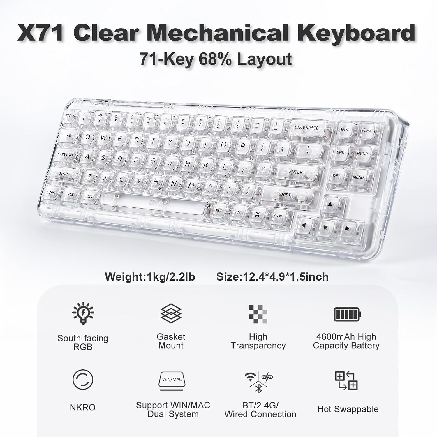 Detalle 2 de YUNZII X71 Teclado Mecánico Transparente RGB 🌟