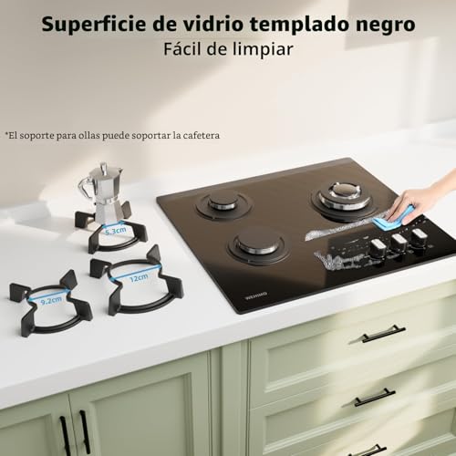 Detalle de Wehimo - Placa de cocina de gas de 3 fuegos empotrable, 60 cm, cristal negro