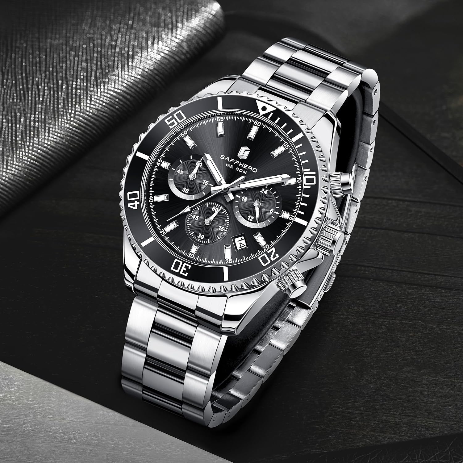 Detalle 2 de SAPPHERO Herrenuhr Chronograph Analog Quarz – Edelstahl, 50 m Wasserfest, Kalender, 42 mm