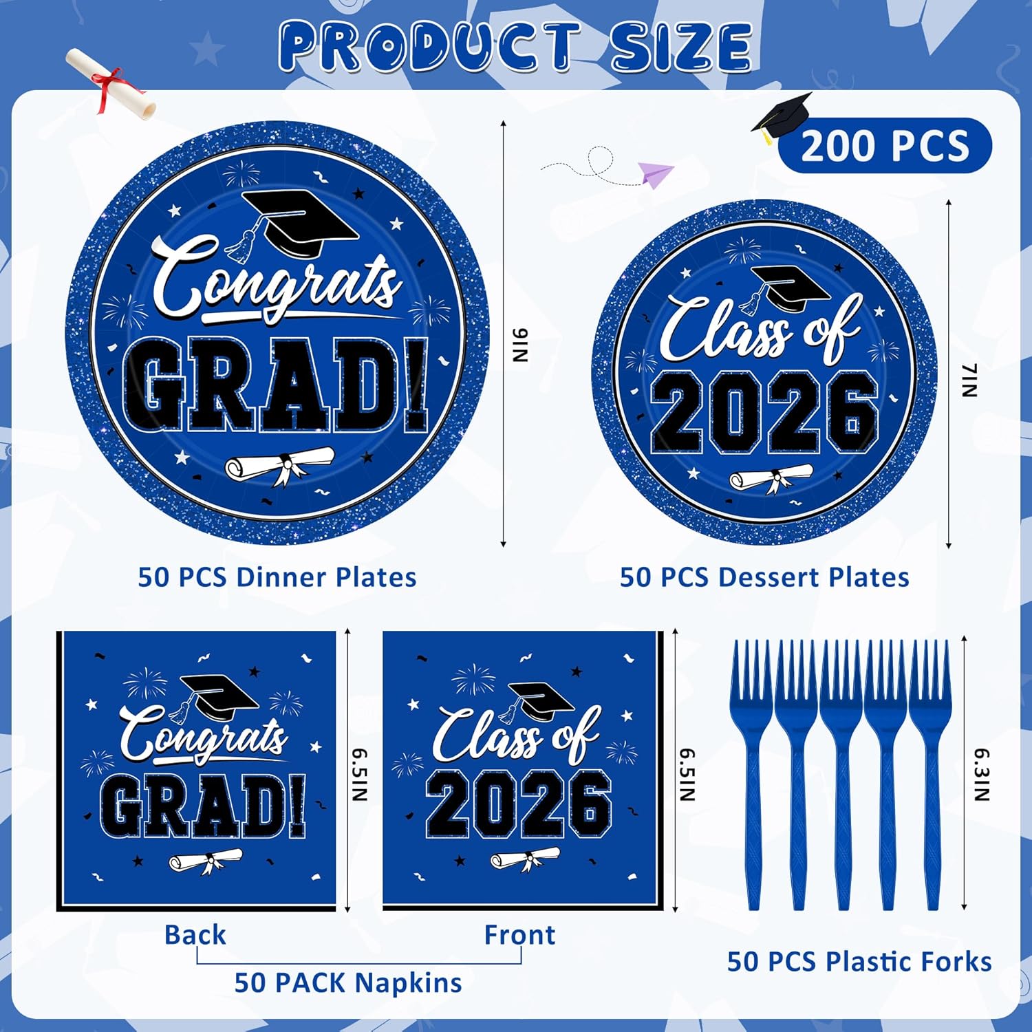 Detalle de 200-Piece 2026 Graduation Decorations Set (Blue Plates, Napkins & Forks) for 50 Guests