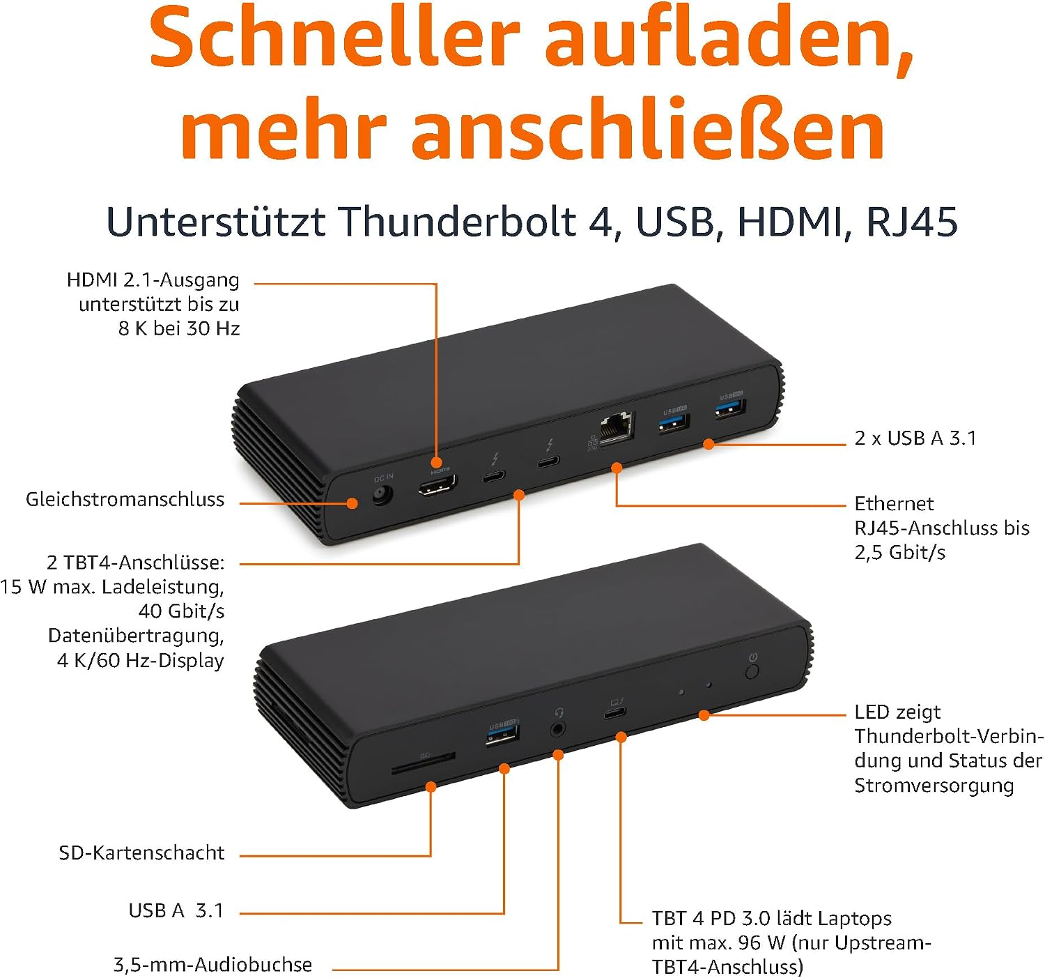 Detalle 2 de Amazon Basics Thunderbolt 4/USB4 Pro-Dockingstation mit Dual-Display, HDMI 2.1, RJ45 und 96 W PD
