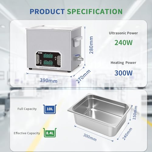 Detalle de DK SONIC Professional Ultrasonic Cleaner 10L (240W) with Timer, Heater & Touch Control — Heavy-Duty, Multi-Application