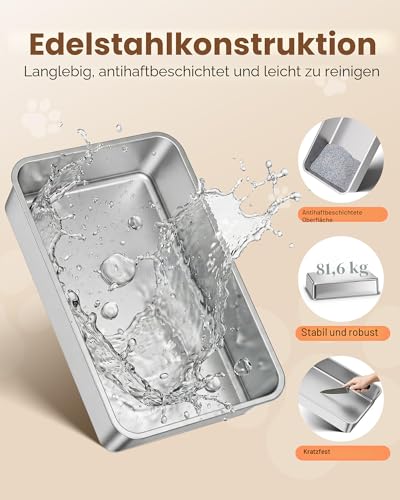 Detalle de ICOYEA Katzenklo Edelstahl XXL – Großes, halbgeschlossenes Katzentoilette mit Abnehmbarem Rand, rostfrei