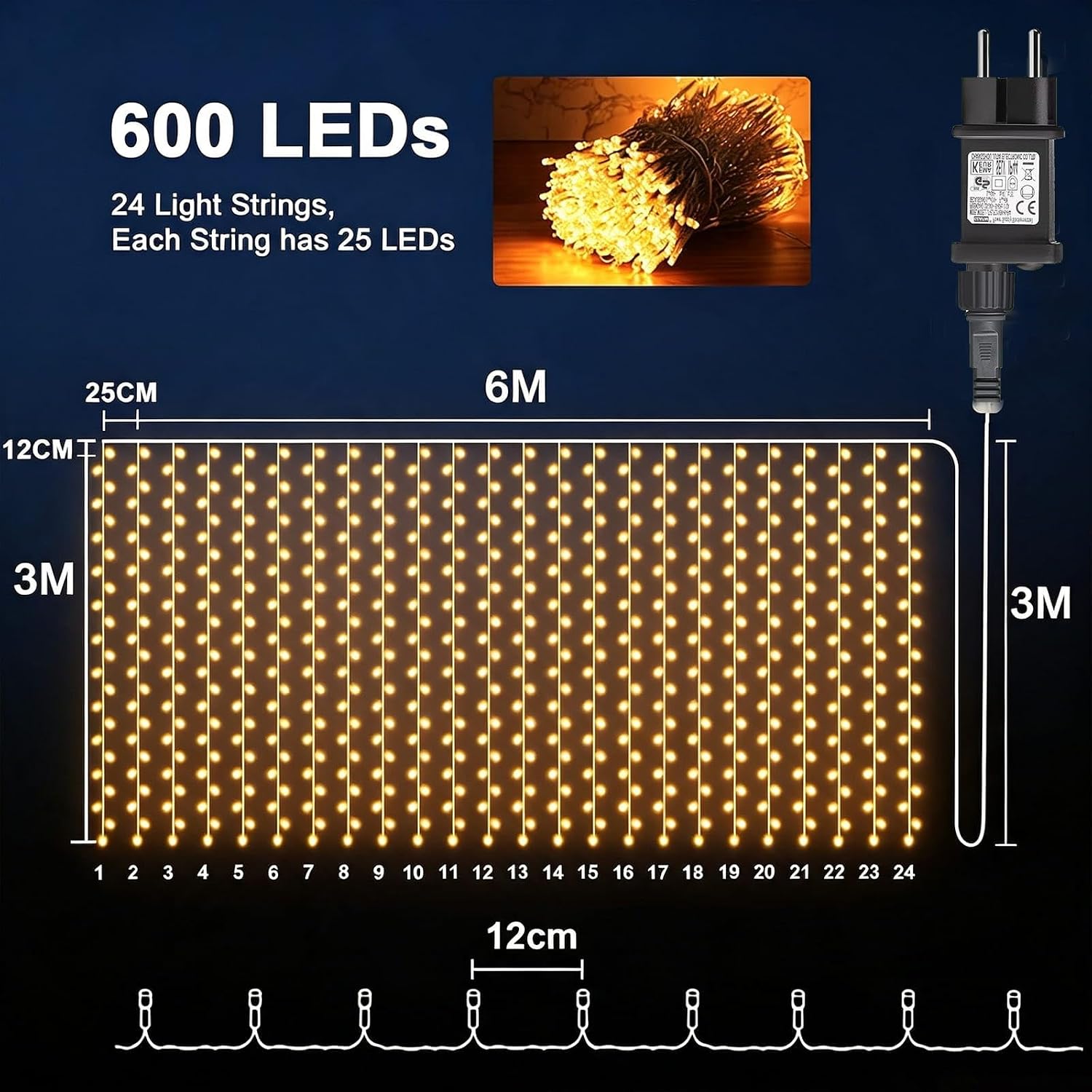 Thumbnail 6 de Yowin ljusgardin 6 × 3 m med 600 varmvita LED-lampor och 8 lägen