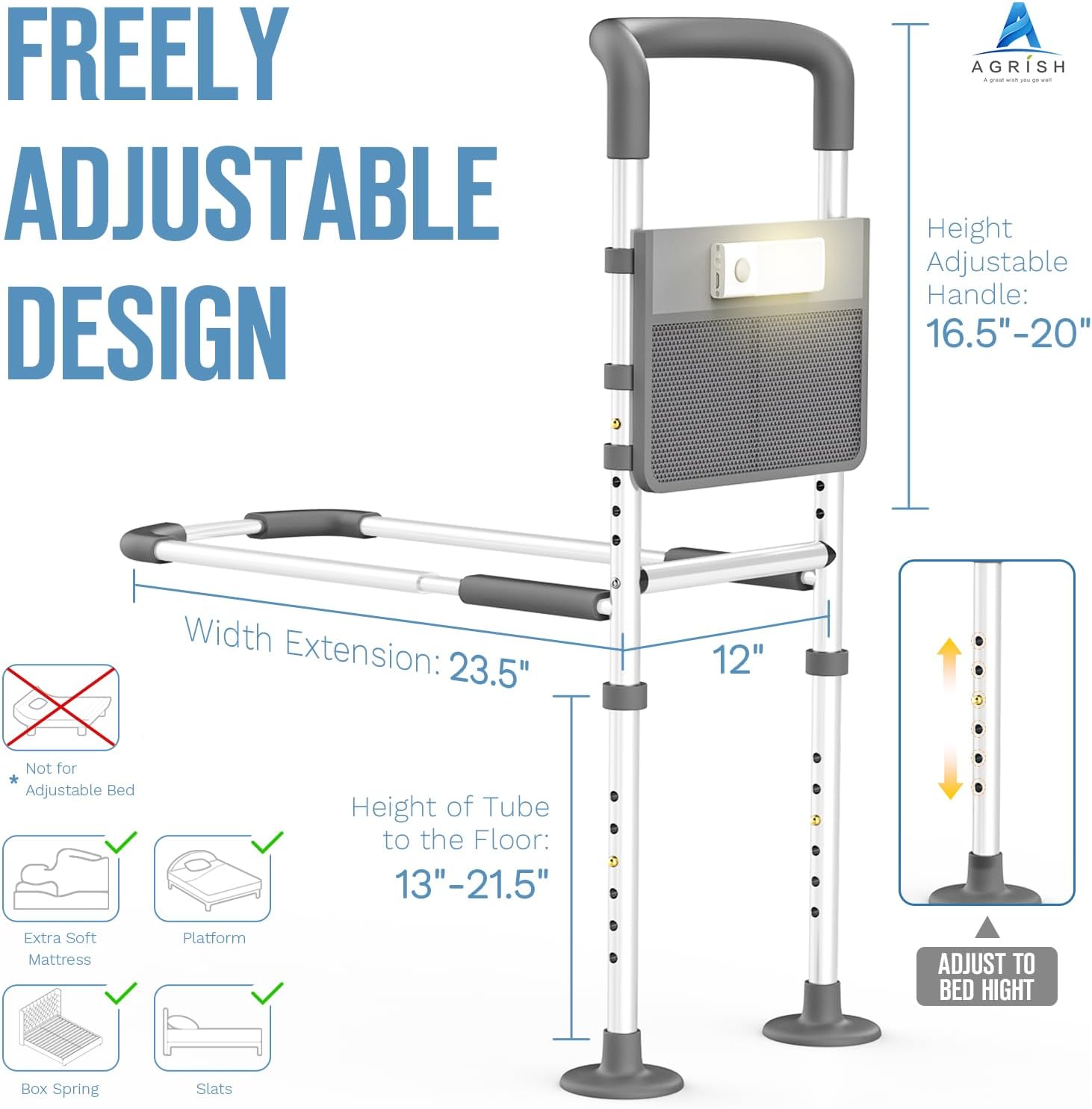 Thumbnail 5 de Agrish Bed Rails for Elderly Adults – Bed Assist Rail with LED Light & Storage Pouch (Single/Double fits)