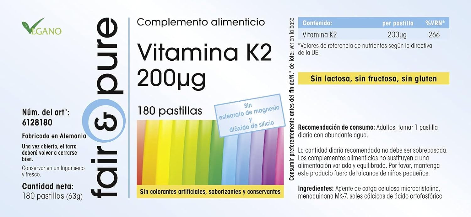 Detalle de Fair & Pure Vitamin K2 200µg MK-7 – 180 Tabletten, vegan, hergestellt in Deutschland