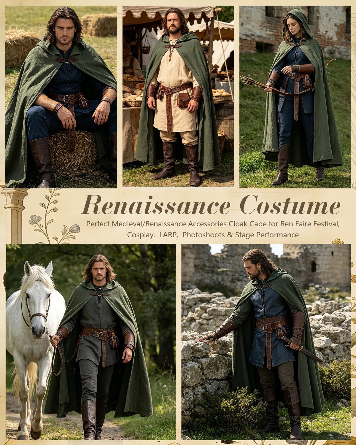 Detalle 2 de Kasahara Renaissance Hooded Cloak Costume Set with Belt, Pouch and Bracers