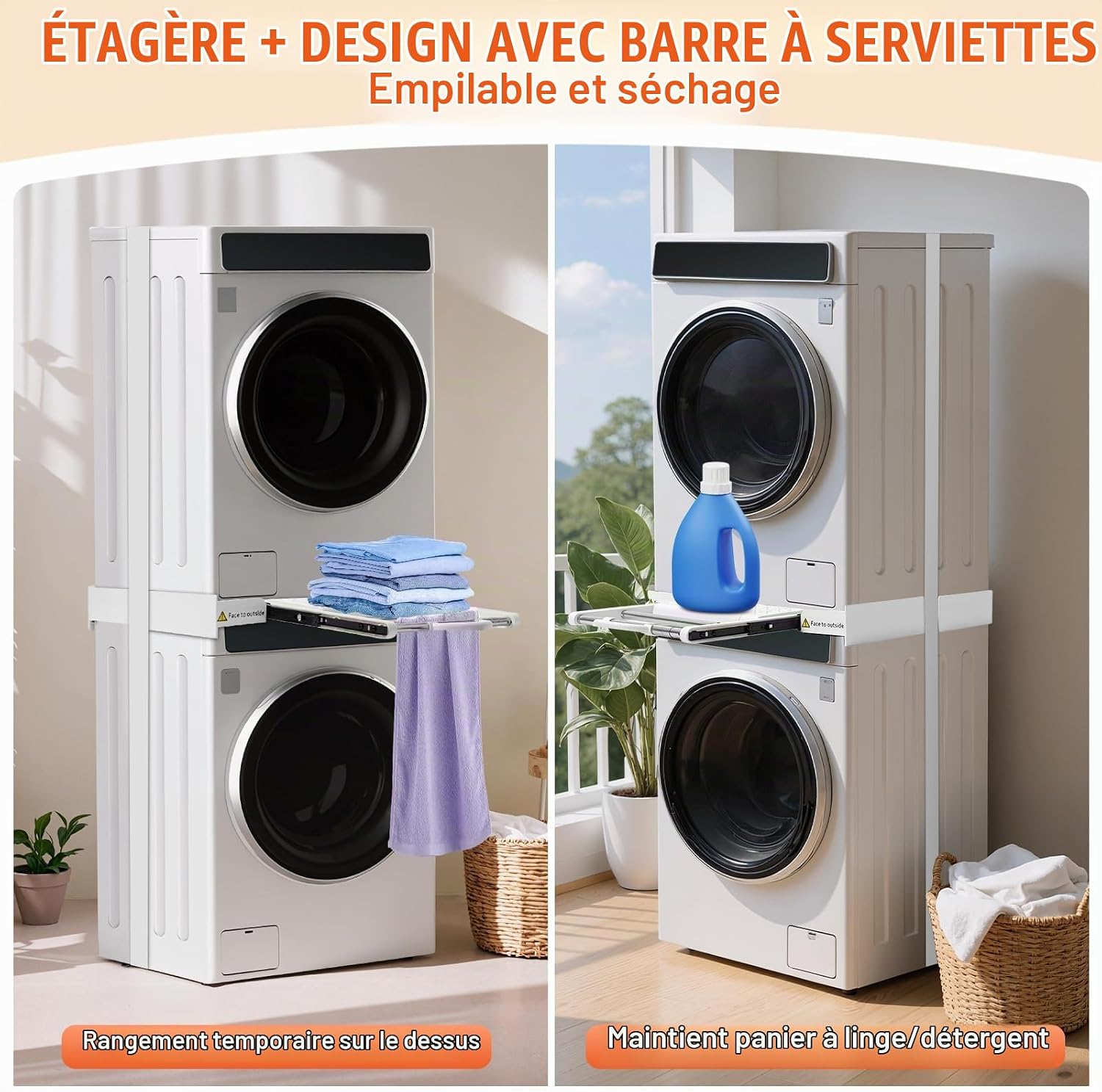 Thumbnail 6 de MISTRO Kit de Superposition Universel Réglable 42–73 cm avec Tablette et Barre Porte-serviettes – 12 kg