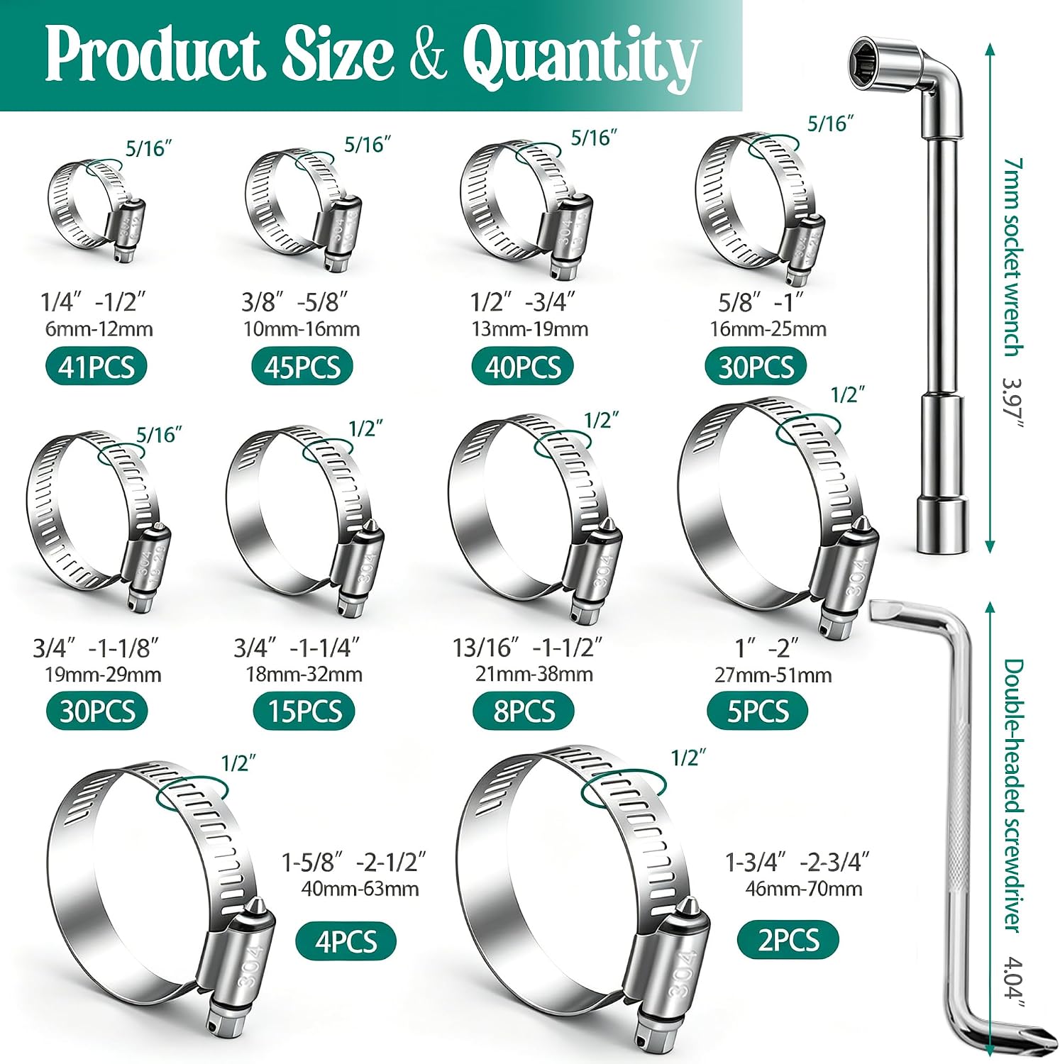 Thumbnail 2 de Dianrui 202-Piece 304 Stainless Steel Hose Clamp Assortment (1/4–2 in / 6–51 mm) Kit with Screwdrivers