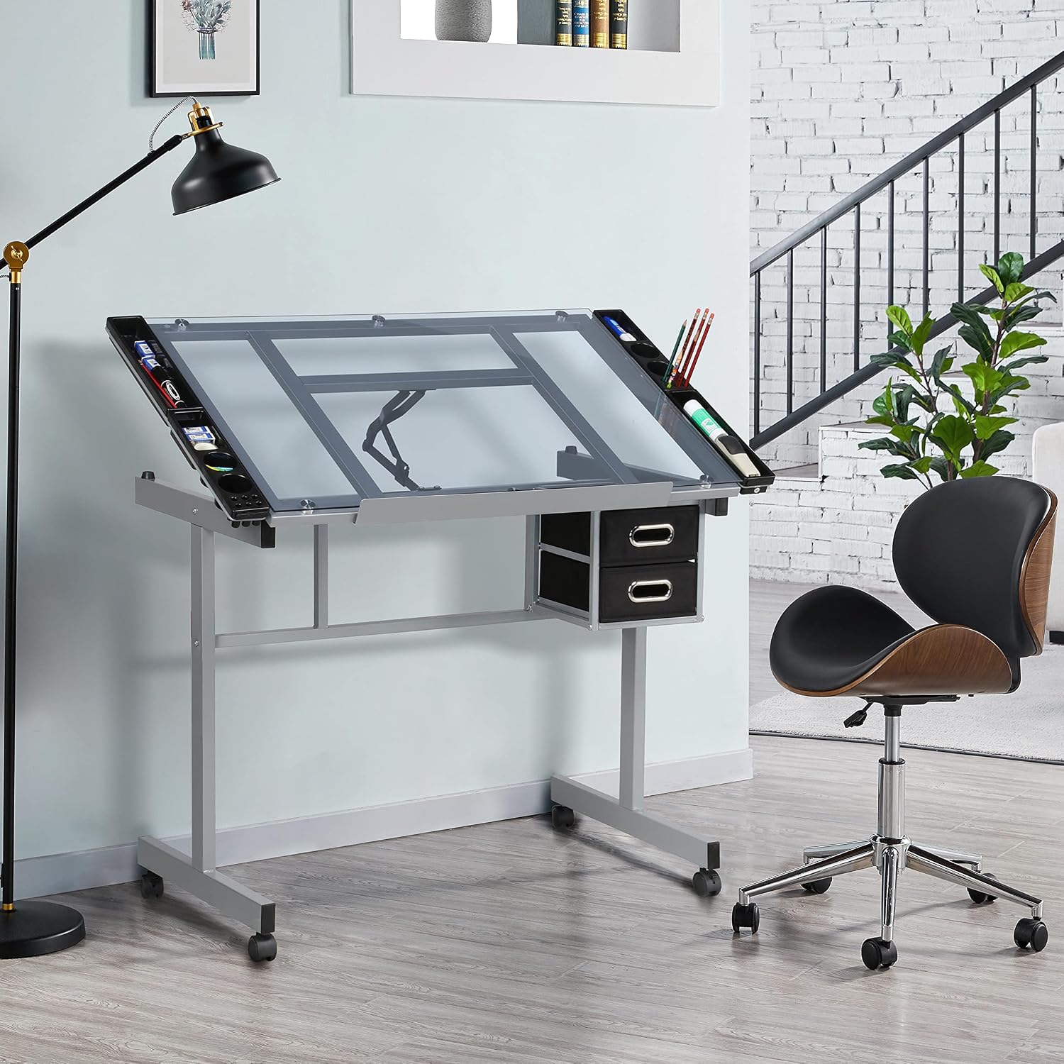 Detalle de Yaheetech Tavolo da Disegno Inclinabile con Piano in Vetro Temperato e Struttura in Acciaio – Altezza Regolabile