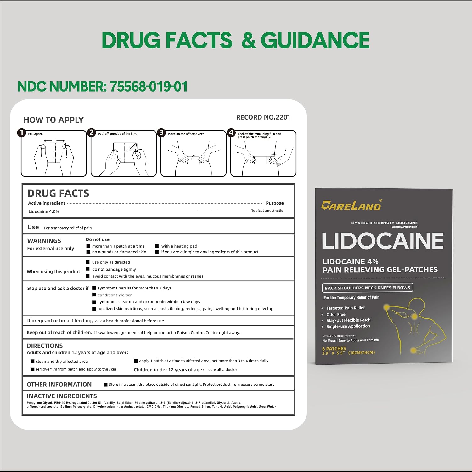 Detalle 1 de CARELAND 2201-36 4% Lidocaine Pain Relief Patches, 36 Count, Unscented