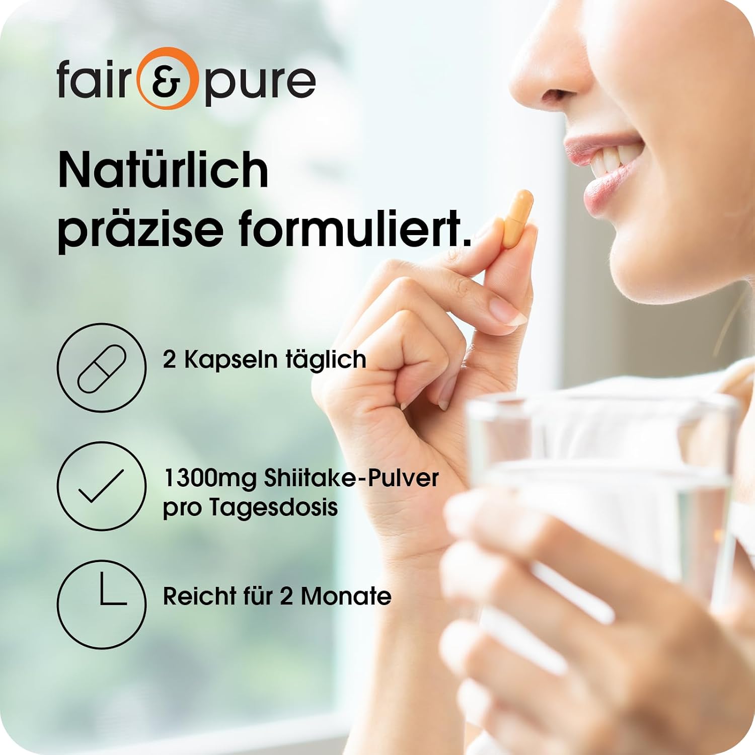 Detalle de Fair & Pure Shiitake 1300 mg pro Tagesdosis – Veganes Nahrungsergänzungsmittel, 120 Kapseln, hergestellt in Deutschland