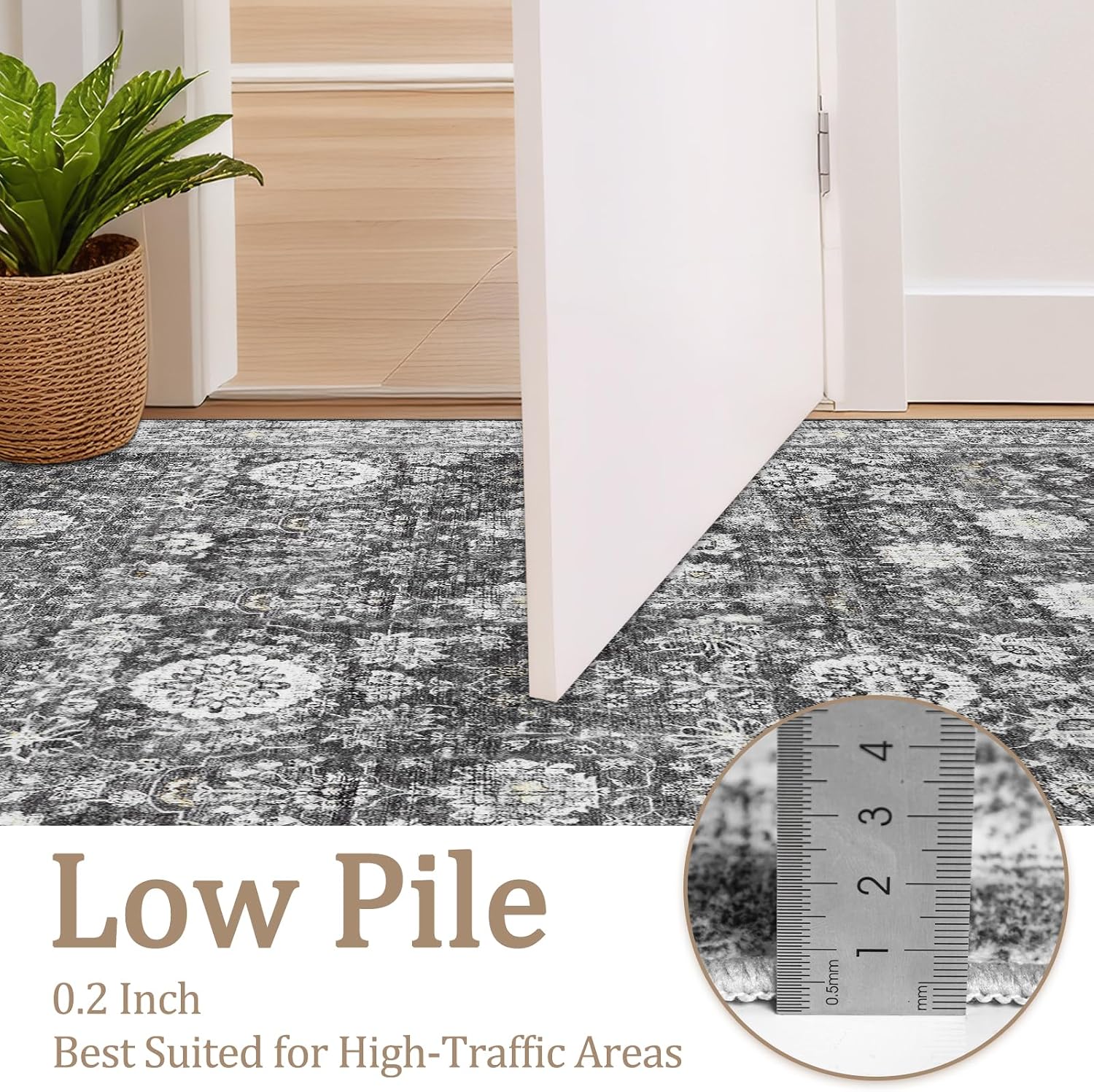 Detalle de Capslpad Vintage Floral Area Rug, 244 x 305 cm, Washable, Non-Slip, Dark Grey