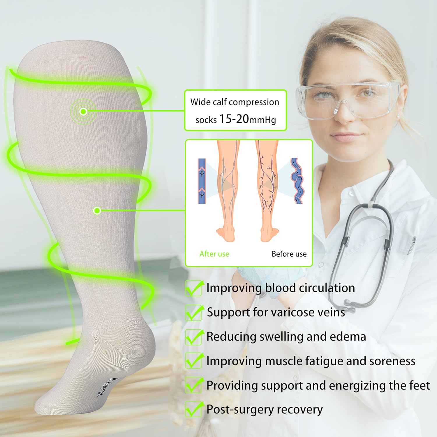 Detalle de LEVSOX Wide Calf Compression Socks for Women & Men (Plus Size) 15-20mmHg Knee-High