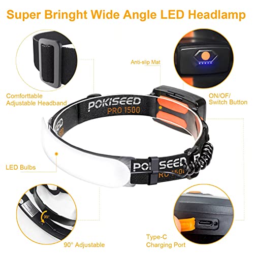 Detalle de POKISEED Linterna Frontal LED Recargable 1500 Lúmenes | Cabeza USB-C 5000 mAh, 230° de haz ancho