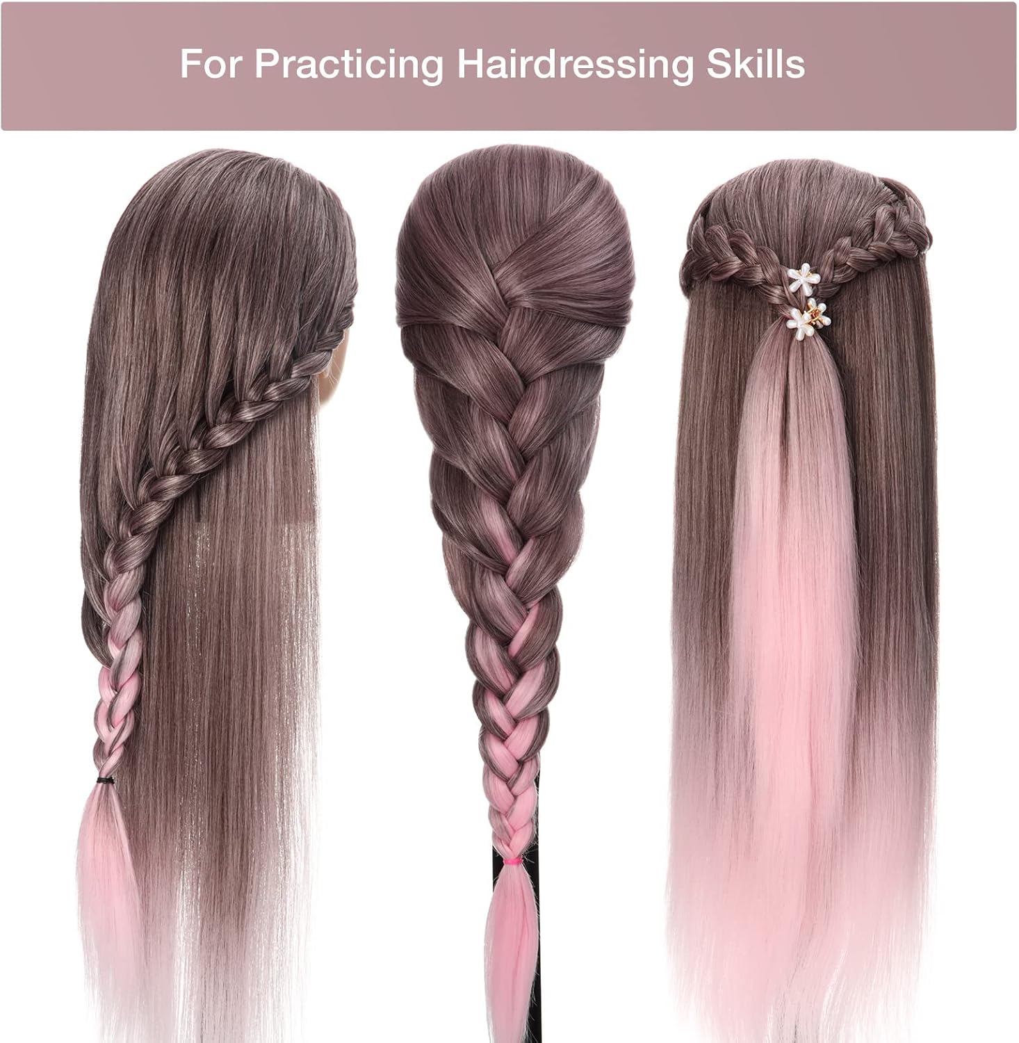 Detalle de GUANJUNE Mannequin Head: 26-28 Inch Synthetic Hair Training Head with Clamp Holder & Accessories – Gradient Pink