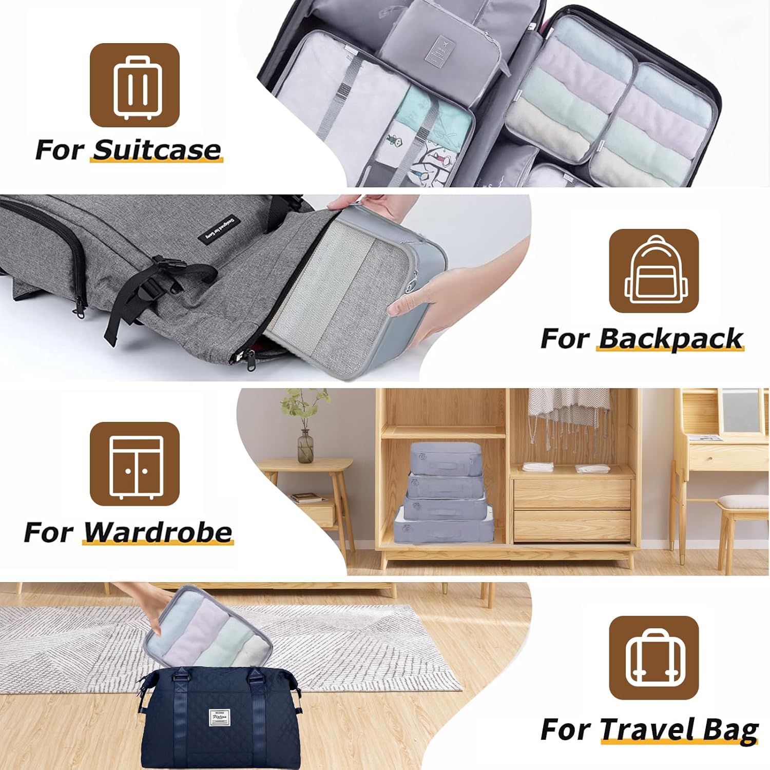 Detalle 2 de SINZUX 10-piece packing cubes set for suitcases (grey waterproof organisers)