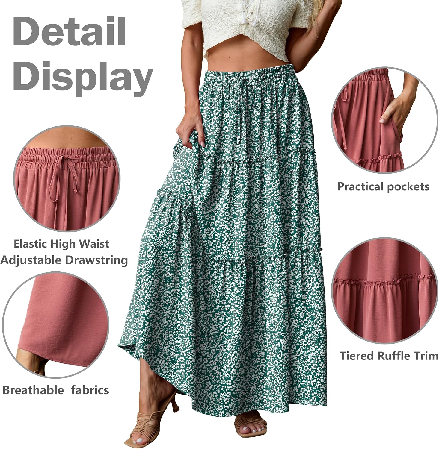 Detalle 2 de Qixing Long Skirts for Women Pleated A-Line Maxi Skirt with Pockets