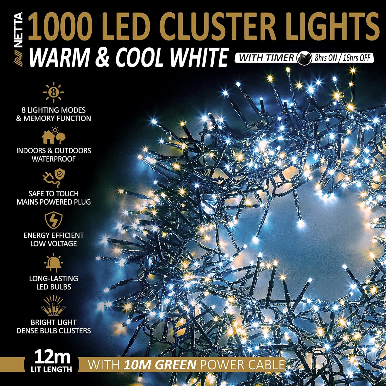 Thumbnail 1 de NETTA Christmas Tree Cluster Lights 1000 LED with 8-Hour Timer, 8 Modes & IP44 (Warm/Cool White)