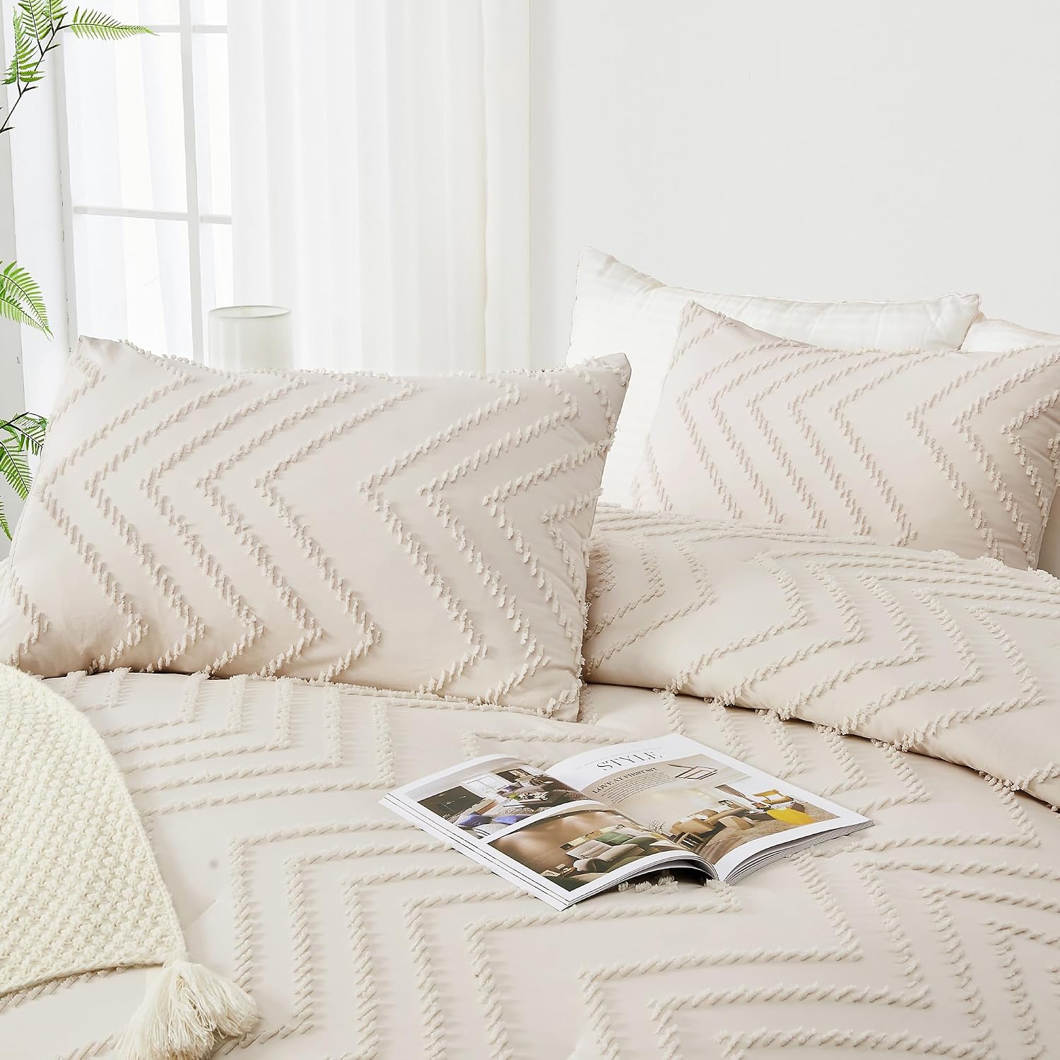 Detalle de Andency Queen Comforter Set Beige (Queen Size, 3-Piece Boho/Cream Neutral Bedding)
