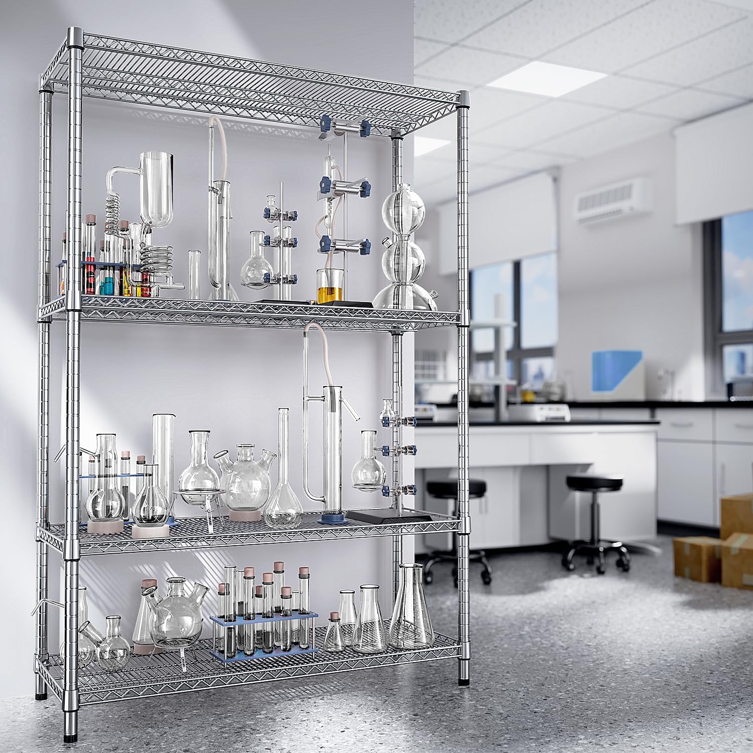 Detalle de IZEUK A45150180BHI401B-HX 4-Tier Adjustable Chrome Metal Shelving Rack