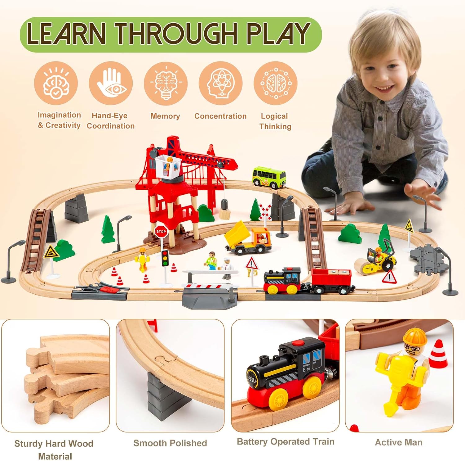 Detalle 2 de 86pcs Wooden Train Set with Crane 360°