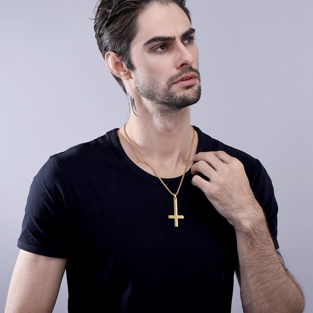 Thumbnail 1 de PROSTEEL Collier homme 55 cm avec pendentif croix inversée en acier inox 316L et plaqué or