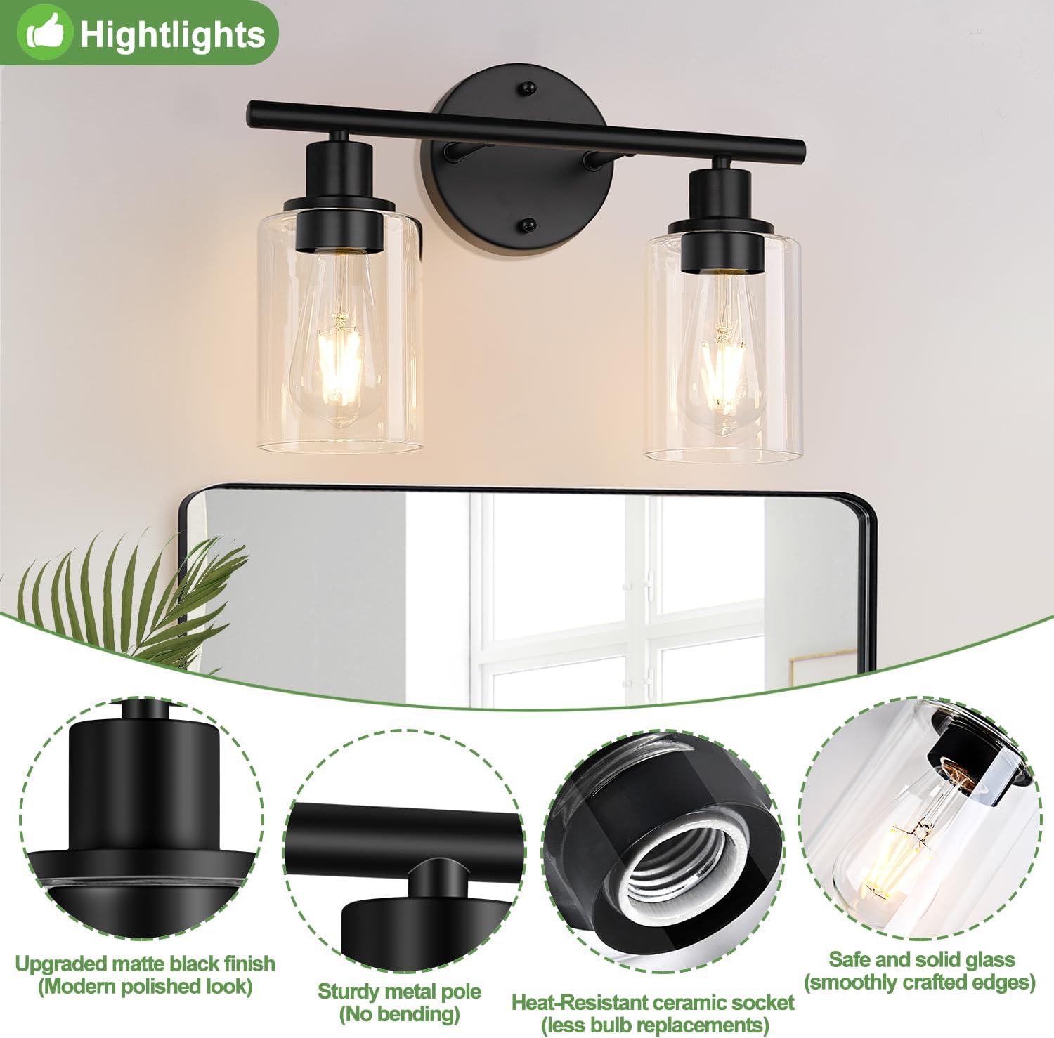 Detalle 2 de Zarbitta LTW077 2-Light Vanity Light, Matte Black with Clear Glass Shades