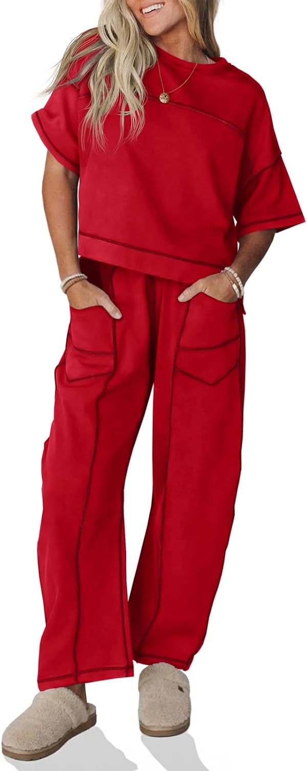 Detalle de Fisoew Women's 2-Piece Lounge Set with Cotton-Blend Top and Wide-Leg Pants