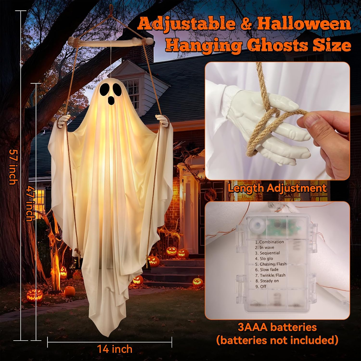 Thumbnail 1 de Jibeufi 5-Foot Hanging Ghost Halloween Decoration with Remote and 8 LED Modes