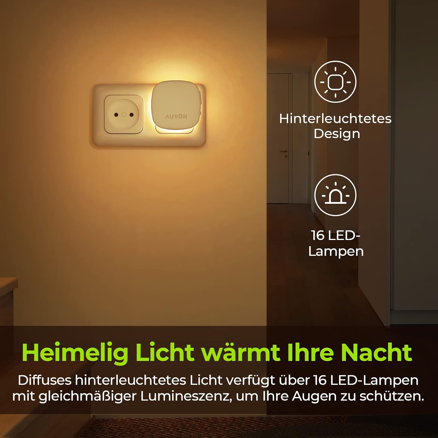 Detalle 2 de AUVON Nachtlicht Steckdose 2 Stück, 1–50 lm ⚡