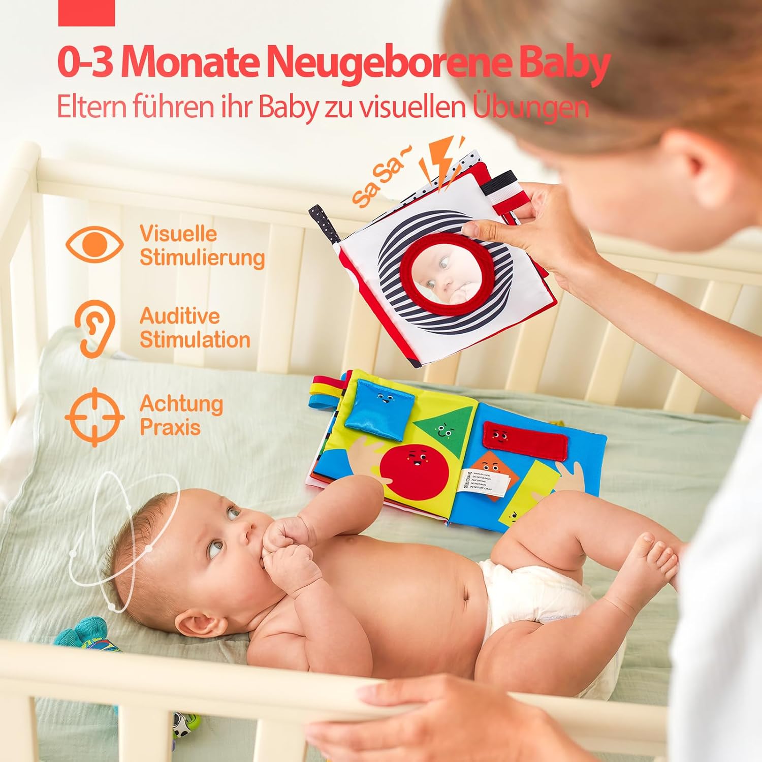 Detalle de hahaland Kontrastkarten Baby Stoffbuch Set (2-teilig) Schwarz-Weiß mit Spiegel, für 0–3/6 Monate