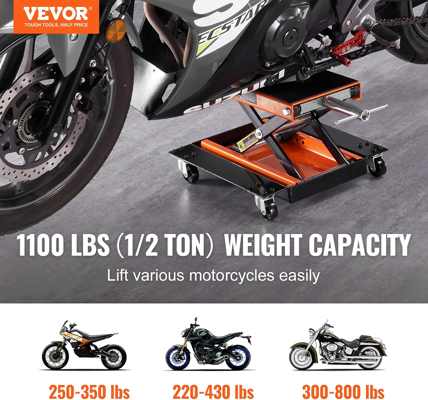 Thumbnail 1 de VEVOR Motorcycle Lift (1100 LBS) Scissor Lift Jack with Dolly & Hand Crank for Street, Cruiser & Touring Bikes