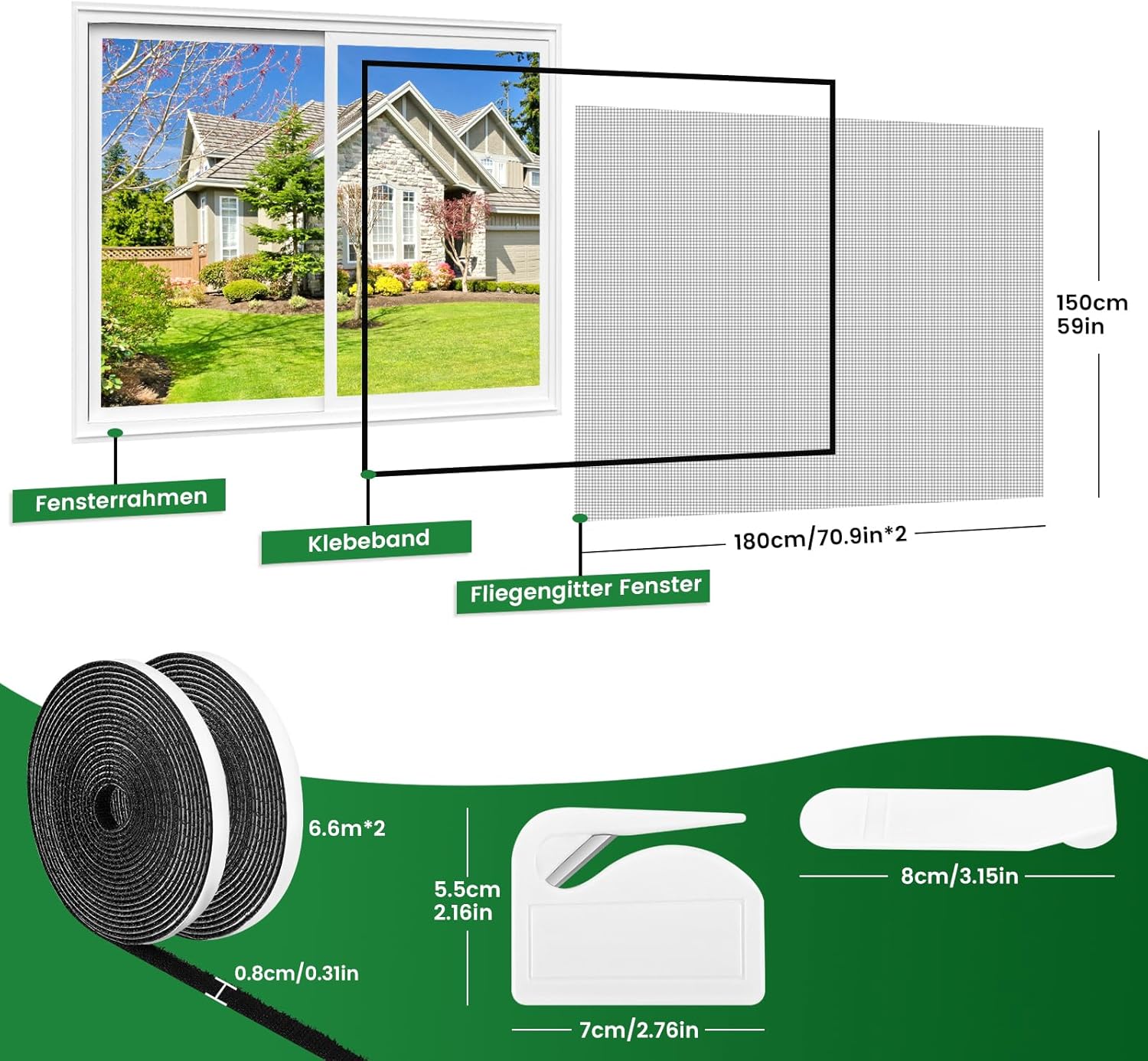Thumbnail 1 de Fliegengitter Fenster ohne Bohren – DIY 150x180 cm, 2 Stück, verdicktes Netz, Klettband, Zuschneider, Presshilfe, Schwarz