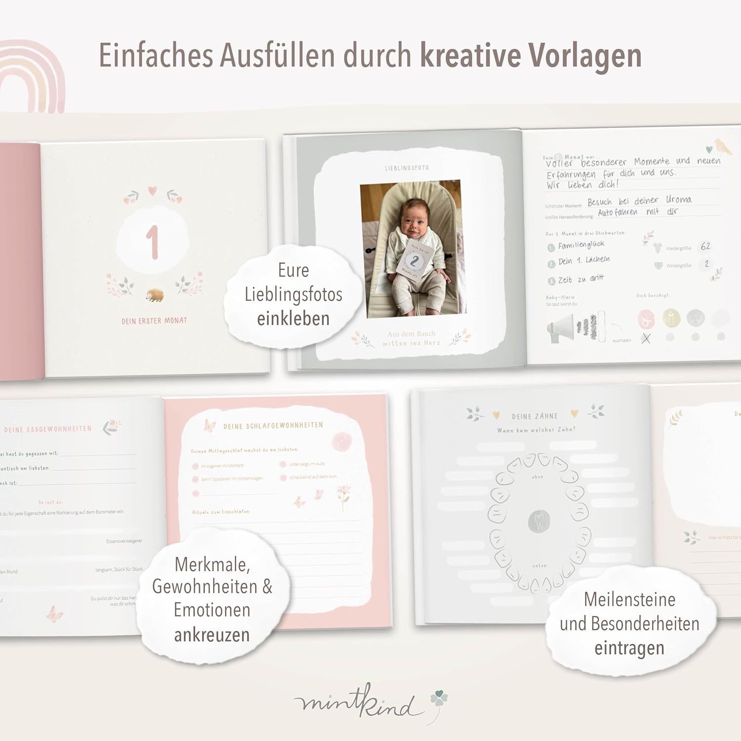 Thumbnail 4 de mintkind® Mein erstes Jahr Babyalbum Blumen rosa – zartes Babytagebuch mit 176 Seiten & Sticker-Set (Hardcover, 21 x 21 cm)