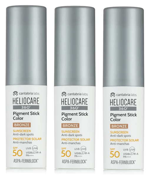 Detalle de Heliocare Pigment Color Stick Bronze (Cantabria Labs) SPF 50 en stick, pack de 3