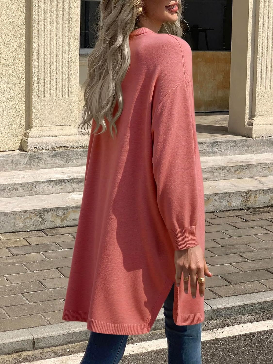 Detalle de Saodimallsu Damen Strickjacke – langer, leichter Cardigan mit offenem Vorderteil, V-Ausschnitt und Taschen