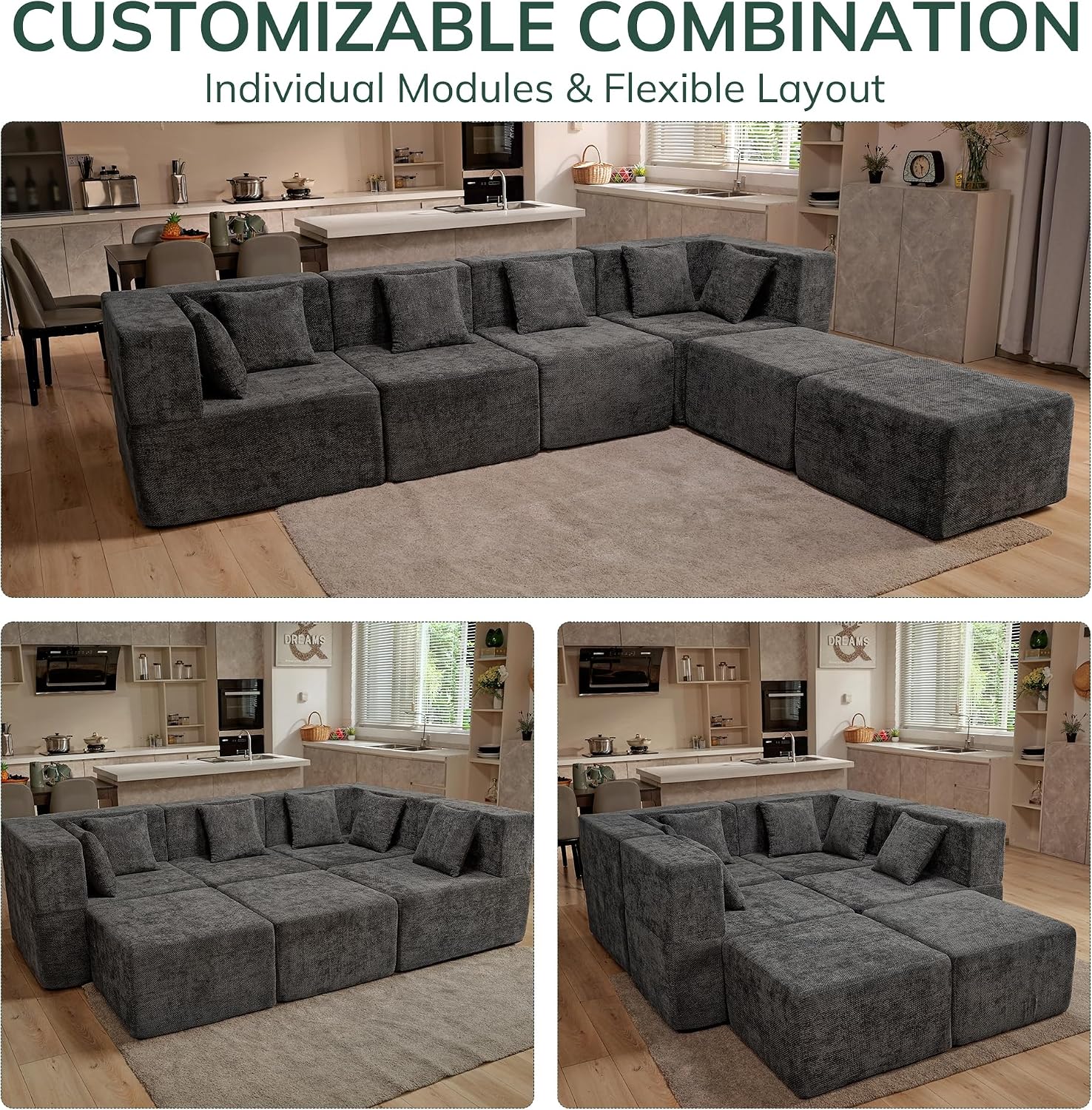 Detalle de MONVANE SF03-GR Modular Sectional Sofa, 130-Inch Chenille, Memory Foam