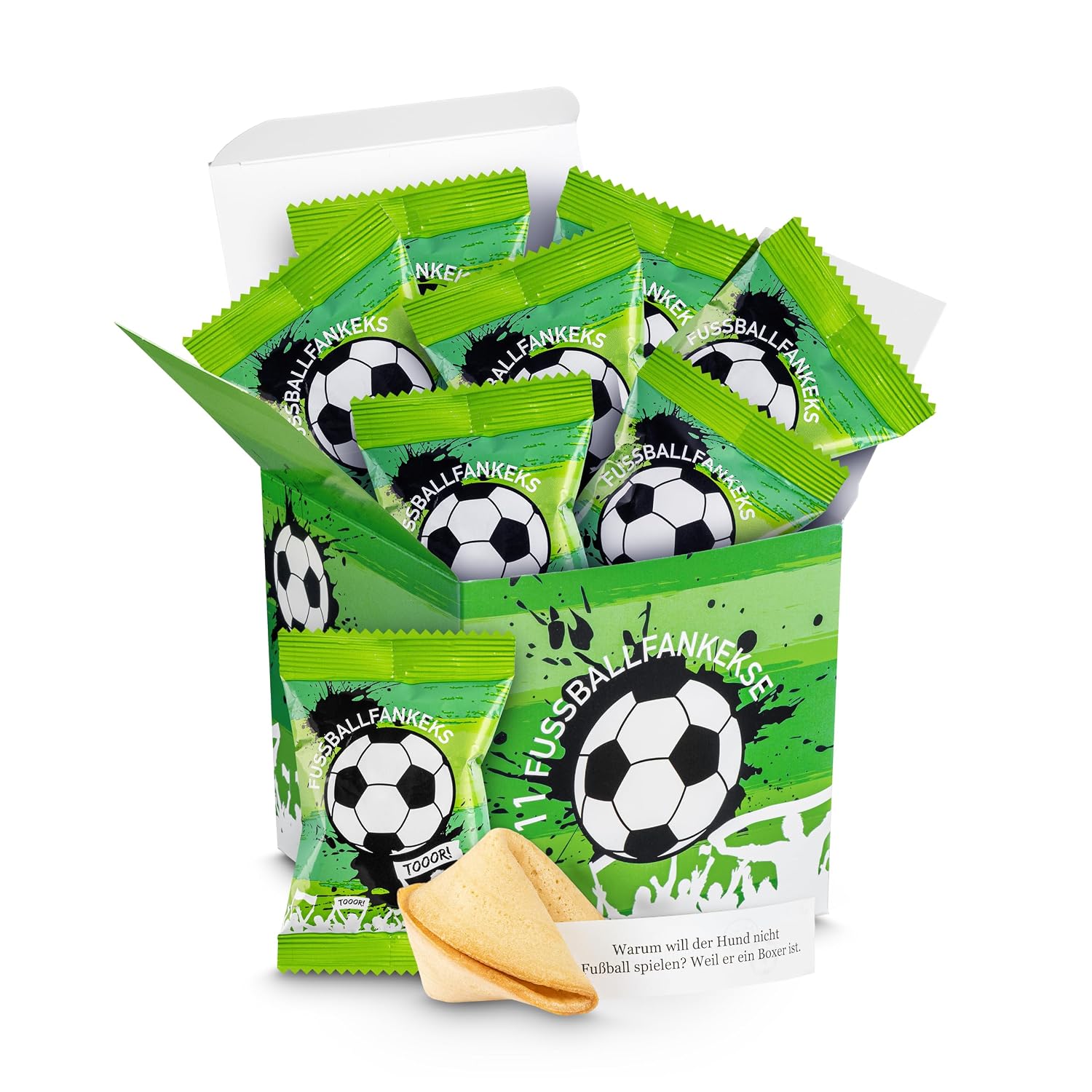 Glückskekse Fußball Fan 11er Geschenkkarton – Vegane Glückskekse mit Sprüchen rund ums Fußballspielen