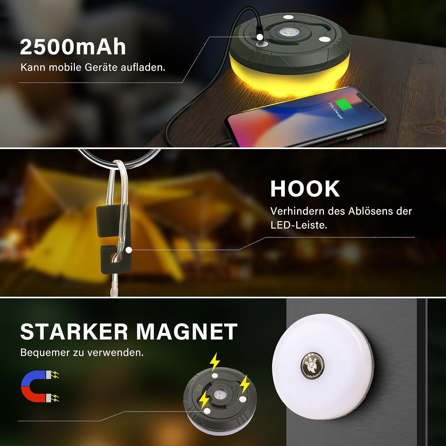 Detalle 2 de Camping Lichterkette Aufrollbar & Wasserdicht – 10 m, 8 Beleuchtungsmodi, 2500 mAh Powerbank, USB-Aufladung – Ideal fürs Zelt, Garten & Festival