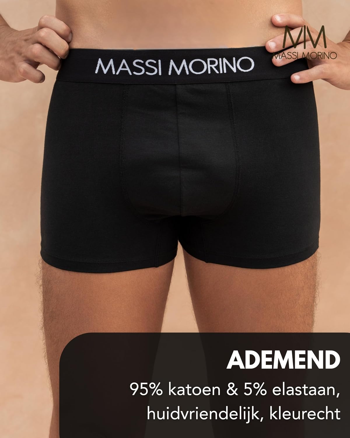 Detalle de Massi Morino katoenen herenboxershorts, zwart, 95% katoen, brede tailleband