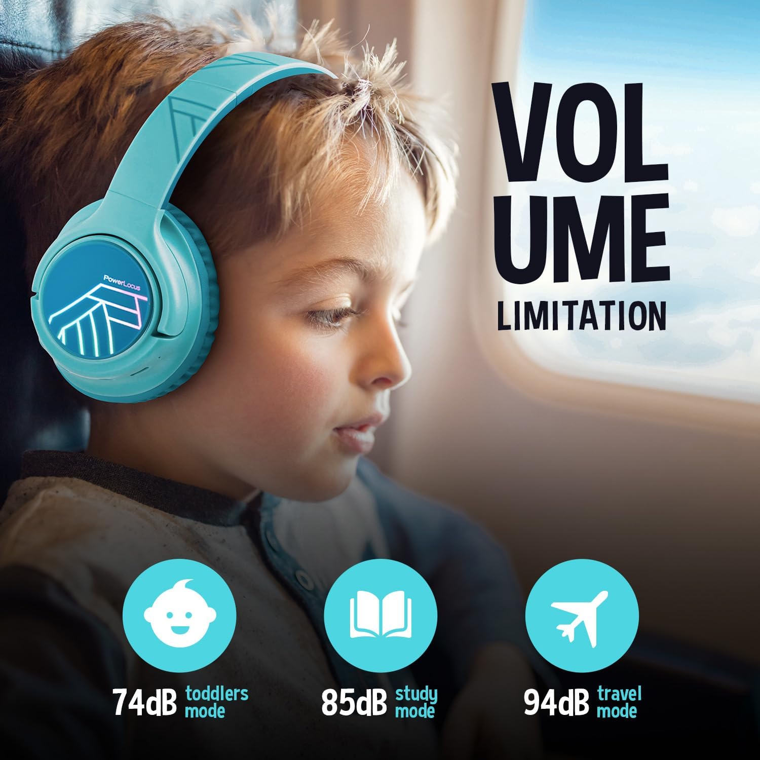 Detalle 2 de PowerLocus Kids Wireless Headphones with LED Lights, Bluetooth 5.3 and Volume-Limited Modes