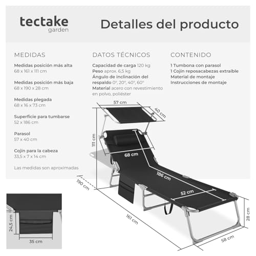 Thumbnail 2 de tectake Tumbona de jardín exterior plegable de acero con reposacabezas, parasol y 6 posiciones (negra)
