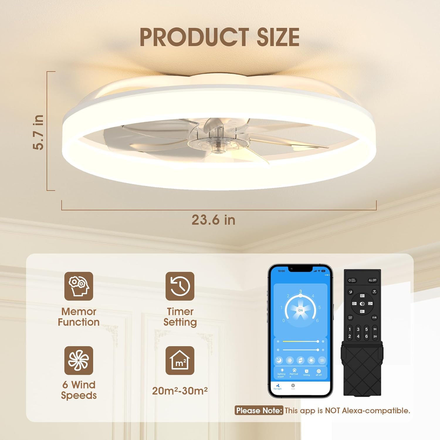 Thumbnail 4 de NIORSUN 60cm Smart LED Ceiling Fan with Lights and Remote (6 speeds, dimmable)