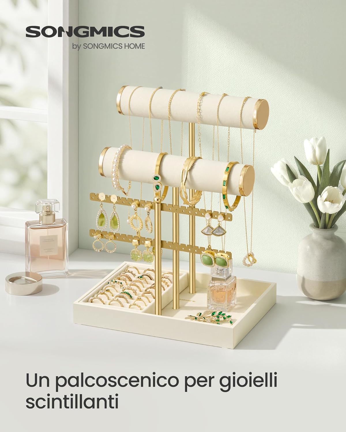 Detalle de SONGMICS Porta Bracciali JJS046W101: Porta Gioielli con 2 supporti per braccialetti, porta orecchini, vassoio velluto e portaanelli rimovibile
