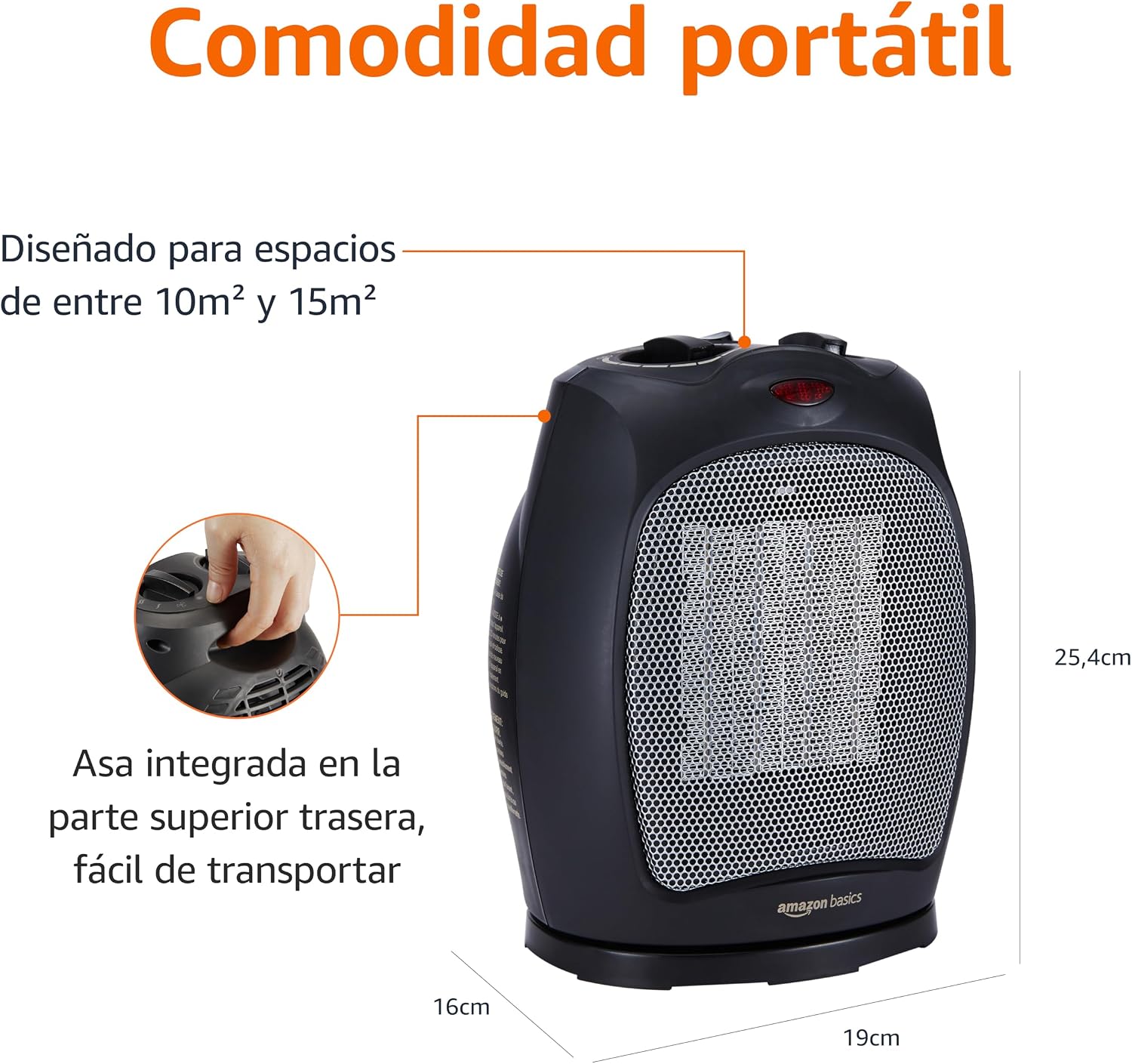 Detalle de Amazon Basics Calefactor cerámico oscilante, 1800 W, negro y con termostato