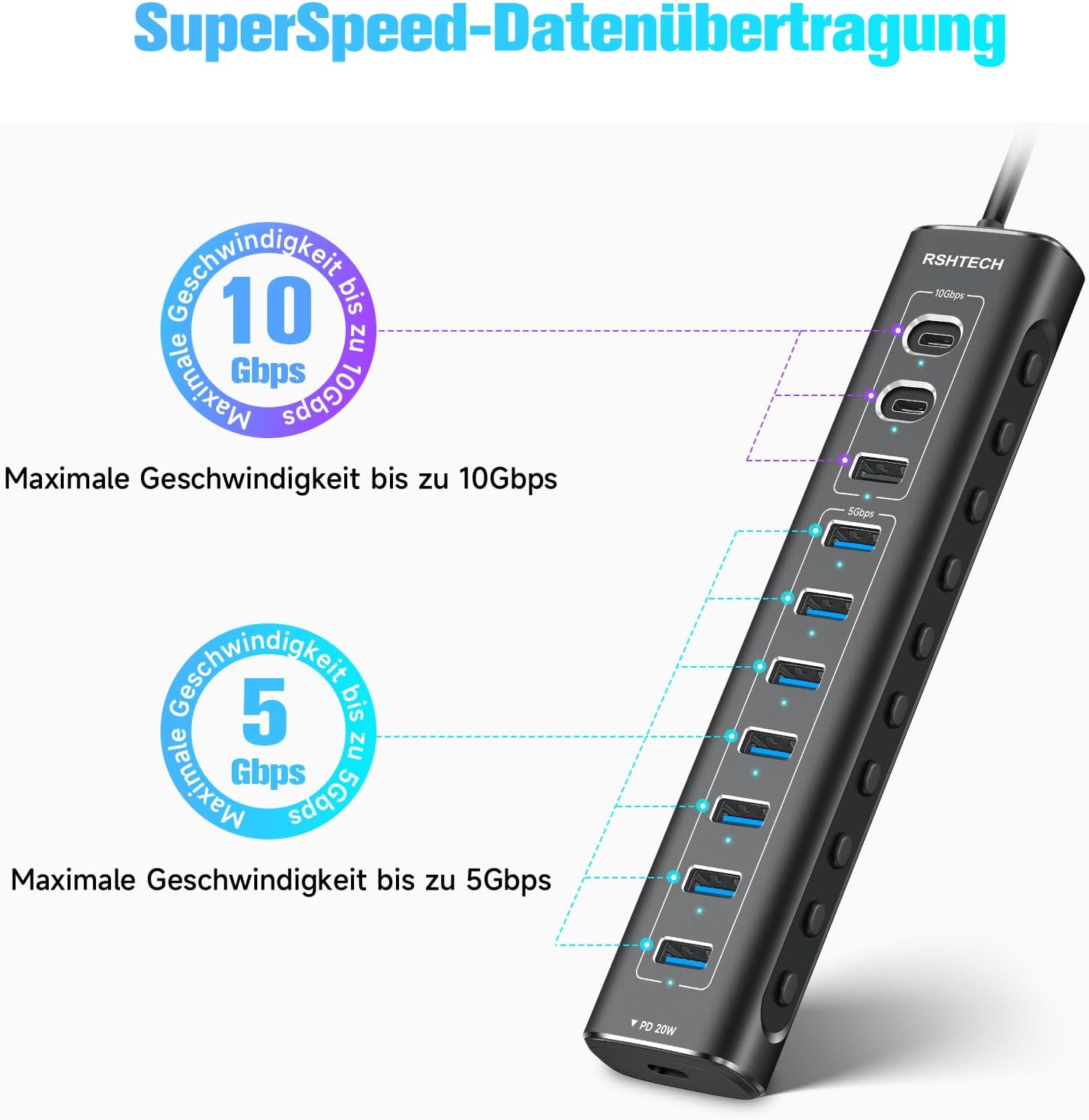 Thumbnail 2 de RSHTECH RSH-A11PD USB-C 3.2 Hub mit Netzteil (60 W) – 11 Ports, 20 W PD & bis zu 10 Gb/s