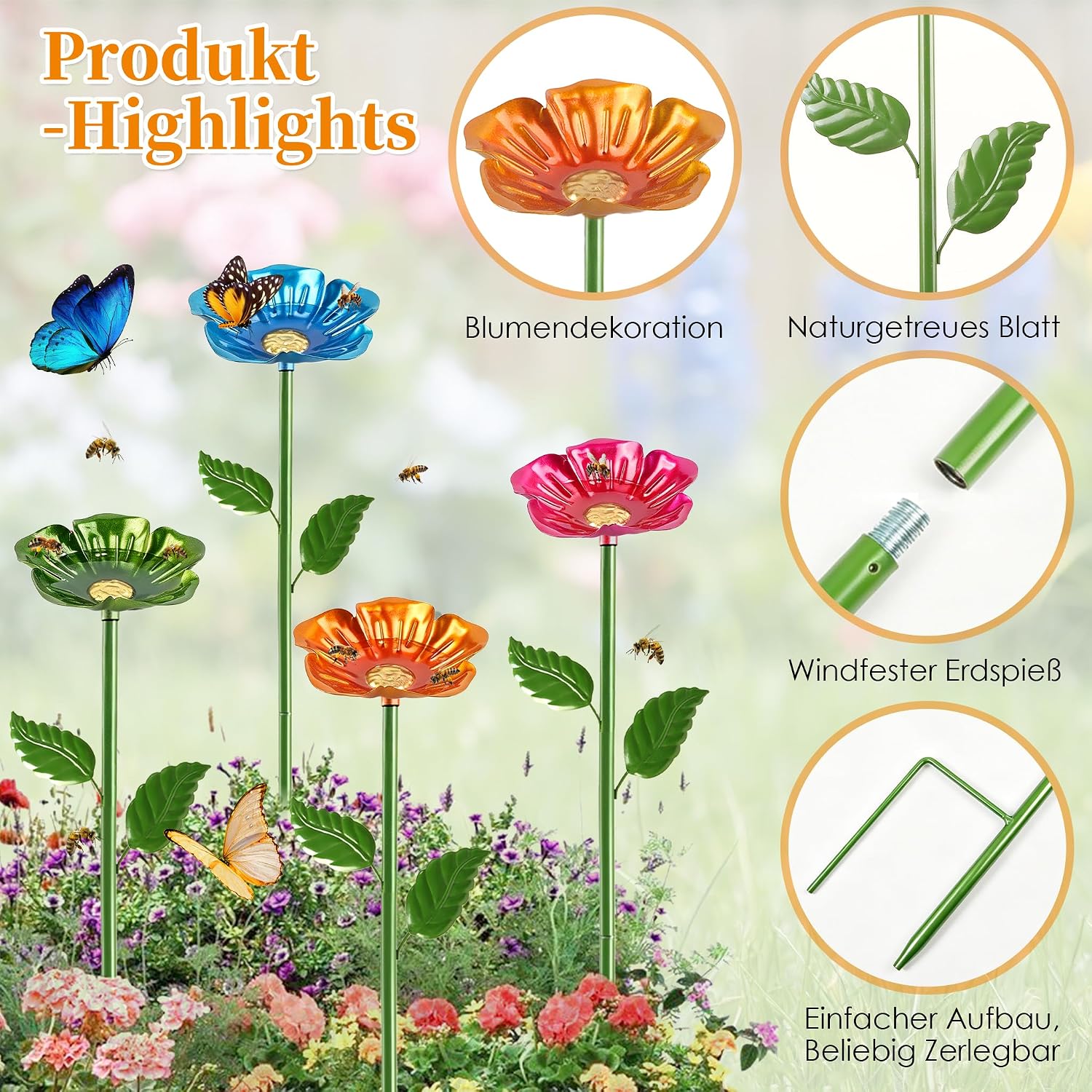Detalle de Bienentränke für den Garten – 4er-Set Metall‑Insektentränke in Blumenform